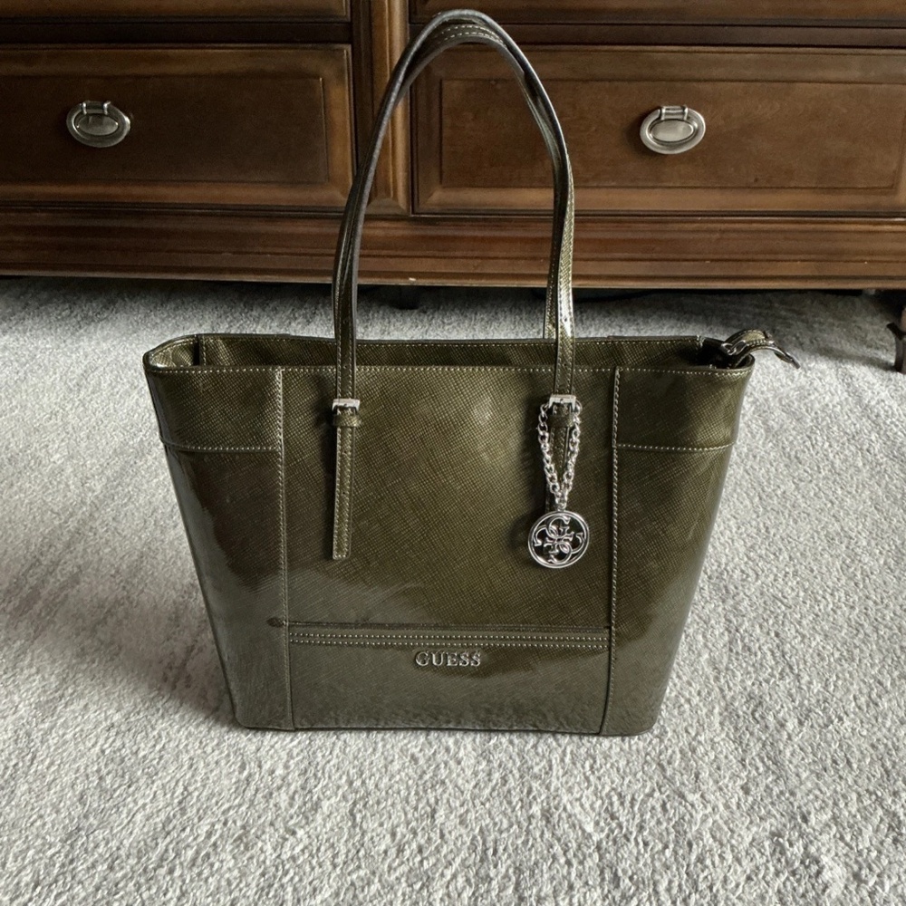 GUESS Olive Green Tote Bag Charm Zip Closure Logo Accent Designer Handbag